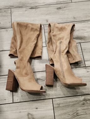 Aldo Tan Suede Peep-Toe Knee-High Heeled Boots
